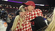 Nov 29, 2025; Auburn, Alabama, USA; Alabama Crimson Tide head coach Kalen Deboer reacts after the game against the Auburn Tigers at Jordan-Hare Stadium. Mandatory Credit: John Reed-Imagn Images