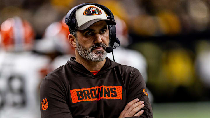 Nov 17, 2024; New Orleans, Louisiana, USA;  Cleveland Browns head coach Kevin Stefanski looks on against the New Orleans Saints during the first half at Caesars Superdome. Mandatory Credit: Stephen Lew-Imagn Images