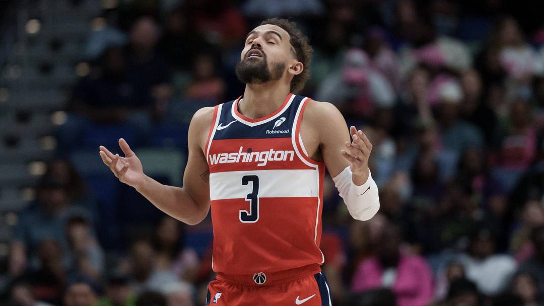 Mar 8, 2026; New Orleans, Louisiana, USA; Washington Wizards guard Trae Young (3) reacts after a three-point basket against the New Orleans Pelicans during the first half at Smoothie King Center.