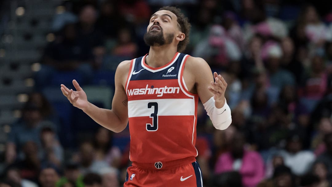 Mar 8, 2026; New Orleans, Louisiana, USA; Washington Wizards guard Trae Young (3) reacts after a three-point basket against the New Orleans 