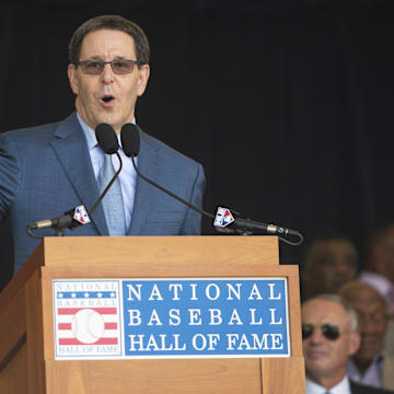 Jul 20, 2019; Cooperstown, NY, USA; Jayson Stark, the J.G. Taylor Spink Award for baseball writing, makes his acceptance speech during the awards ceremony for broadcasters and writers at Doubleday Field.