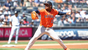Aug 9, 2025; Bronx, New York, USA;  Houston Astros starting pitcher Framber Valdez (59) pitches in the first inning against the New York Yankees at Yankee Stadium. 