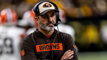 Nov 17, 2024; New Orleans, Louisiana, USA;  Cleveland Browns head coach Kevin Stefanski looks on against the New Orleans Saints during the first half at Caesars Superdome. Mandatory Credit: Stephen Lew-Imagn Images