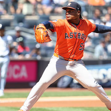 Aug 9, 2025; Bronx, New York, USA;  Houston Astros starting pitcher Framber Valdez (59) pitches in the first inning against the New York Yankees at Yankee Stadium.