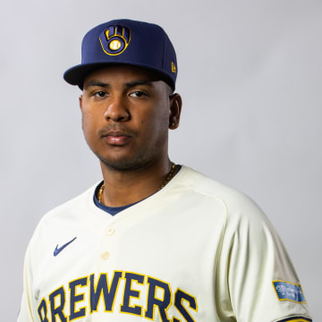 Feb 22, 2024; Phoenix, AZ, USA; Milwaukee Brewers pitcher Carlos Rodriguez poses for a portrait during Media Day at Maryvale Baseball Park.