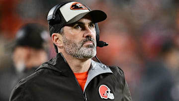 Dec 29, 2024; Cleveland, Ohio, USA; Cleveland Browns head coach Kevin Stefanski looks on during the second half against the Miami Dolphins at Huntington Bank Field. Mandatory Credit: Ken Blaze-Imagn Images