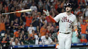 Former Houston Astros right fielder Kyle Tucker (30) flicks his bat after hitting a home run against the Los Angeles Angels  in the seventh inning at Minute Maid Park. 