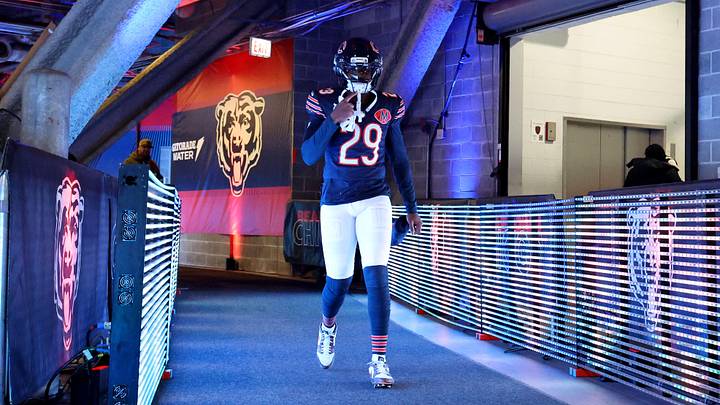 Nov 9, 2025; Chicago, Illinois, USA; Chicago Bears cornerback Tyrique Stevenson (29) takes the field before the game against the New York Giants at Soldier Field. Mandatory Credit: Mike Dinovo-Imagn Images