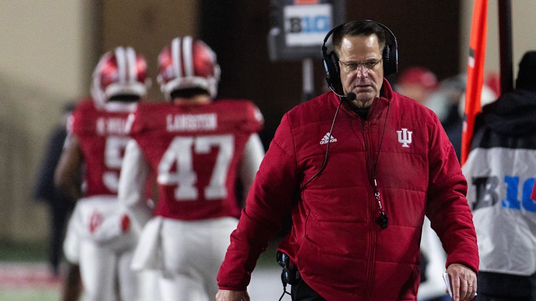 Nov 30, 2024; Bloomington, Indiana, USA;  Indiana Hoosiers head coach Curt Cignetti  in the second half against the Purdue Boilermakers at Memorial Stadium. Mandatory Credit: Trevor Ruszkowski-Imagn Images