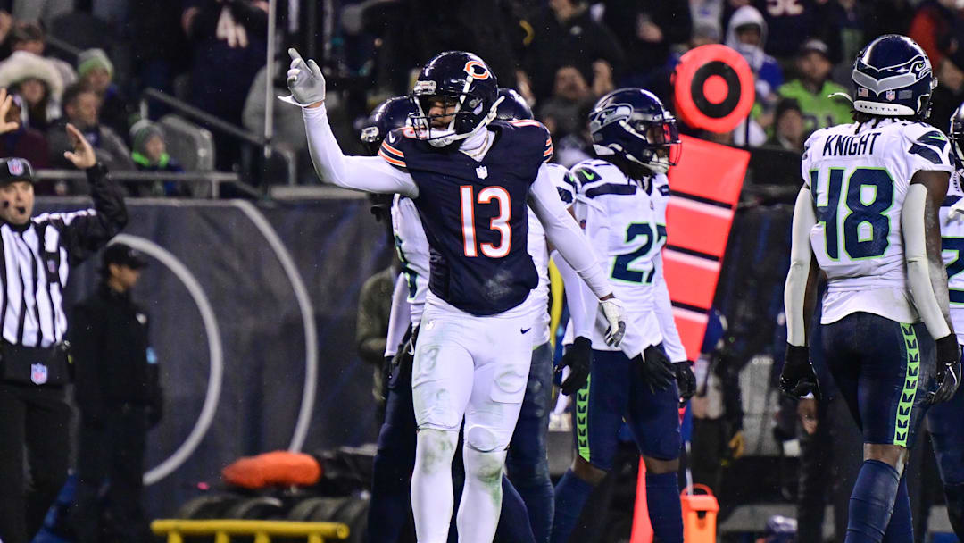 Dec 26, 2024; Chicago, Illinois, USA; Chicago Bears wide receiver Keenan Allen (13) signals first down after a catch against the Seattle Seahawks during the second quarter at Soldier Field. Mandatory Credit: Daniel Bartel-Imagn Images