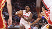 Oct 6, 2025; Houston, Texas, USA; Houston Rockets guard Amen Thompson (1) drives with the ball during the second quarter against the Atlanta Hawks at Toyota Center. Mandatory Credit: Troy Taormina-Imagn Images