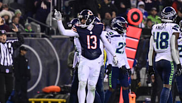 Dec 26, 2024; Chicago, Illinois, USA; Chicago Bears wide receiver Keenan Allen (13) signals first down after a catch against the Seattle Seahawks during the second quarter at Soldier Field. Mandatory Credit: Daniel Bartel-Imagn Images