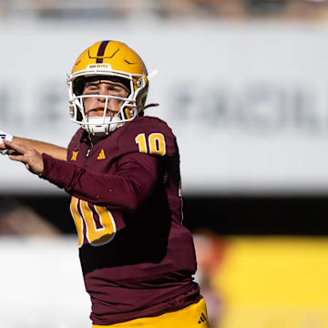 Nov 23, 2024; Tempe, Arizona, USA; Arizona State Sun Devils quarterback Sam Leavitt (10) against the Brigham Young Cougars in the first half at Mountain America Stadium. Mandatory Credit: Mark J. Rebilas-Imagn Images
