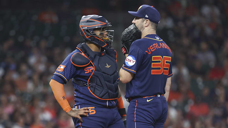 Sep 18, 2023; Houston, Texas, USA; Houston Astros catcher Martin Maldonado (15) talks with starting