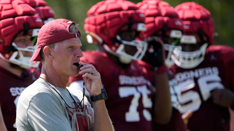 Oklahoma football coach Brent Venables gets ready to blow his whistle during an August 2025 practice.
