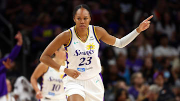 Sep 9, 2025; Phoenix, Arizona, USA; Los Angeles Sparks forward Azura Stevens (23) against the Phoenix Mercury during a WNBA game at PHX Arena. Mandatory Credit: Mark J. Rebilas-Imagn Images