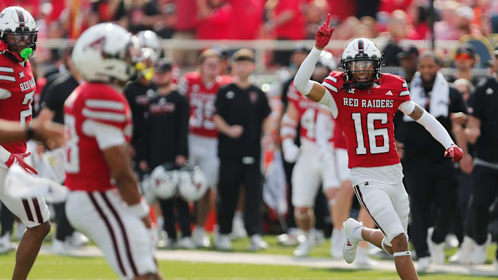 Texas Tech's Ashton Hampton (16) reacts after a punt block against Oklahoma State in a Big 12 football game Saturday, Oct. 25, 2025, at Jones AT&T Stadium.