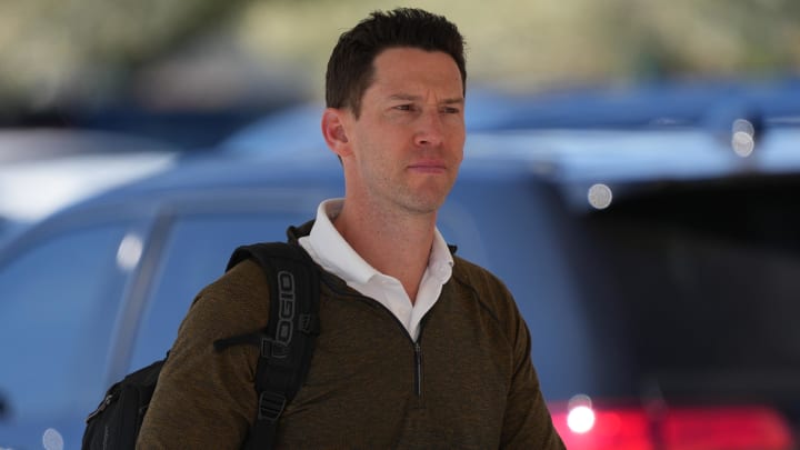 Mar 12, 2022; Mesa, AZ, USA; Chicago Cubs assistant general manager Craig Breslow arrives during a spring training workout at Sloan Park. Mandatory Credit: Joe Camporeale-USA TODAY Sports