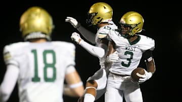 Iowa City West’s Julian Manson (3) celebrates after scoring a touchdown against Iowa City Liberty Friday, Aug. 30, 2024 in North Liberty, Iowa.