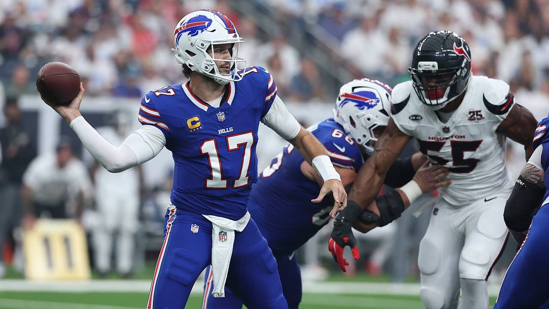 Sep 13, 2026; Houston, Texas, USA; Buffalo Bills quarterback Josh Allen (17) passses the ball during the game against the Houston Texans at Reliant Stadium. Mandatory Credit: Troy Taormina-Imagn Images