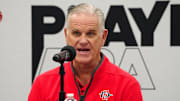 Nov 27, 2024; Las Vegas, Nevada, USA; San Diego State Aztecs head coach Brian Dutcher talks during a presser after the Aztecs were defeated by the Oregon Ducks 78-68 at MGM Grand Garden Arena. 