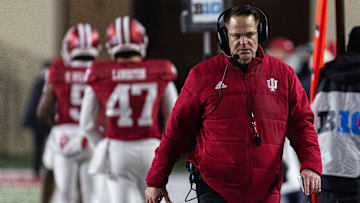 Nov 30, 2024; Bloomington, Indiana, USA;  Indiana Hoosiers head coach Curt Cignetti  in the second half against the Purdue Boilermakers at Memorial Stadium. Mandatory Credit: Trevor Ruszkowski-Imagn Images