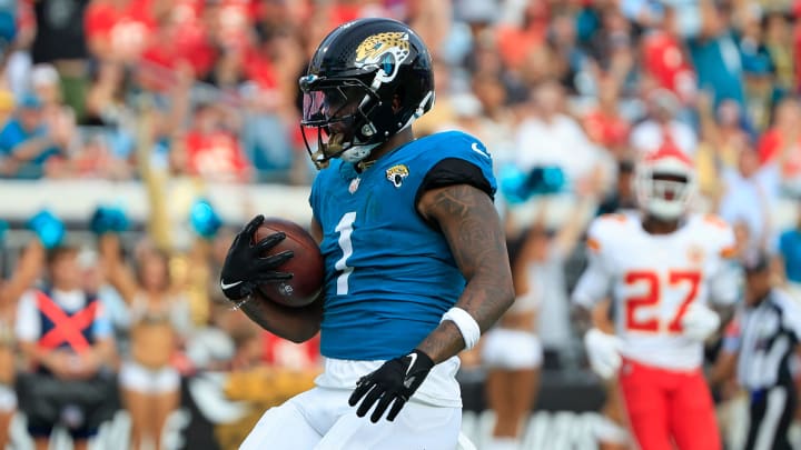 Jacksonville Jaguars running back Travis Etienne Jr. (1) scores a touchdown during the first quarter of a preseason NFL football game Saturday, Aug. 10, 2024 at EverBank Stadium in Jacksonville, Fla. [Corey Perrine/Florida Times-Union]