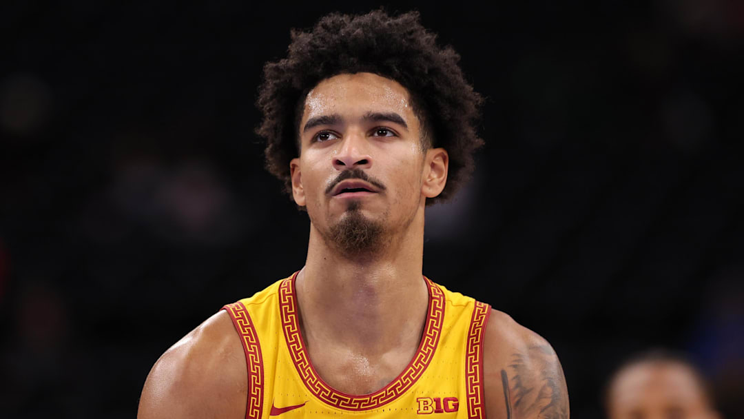 Nov 14, 2025; Inglewood, California, USA; Southern California Trojans guard Rodney Rice (1) shoots a free throw during the first half of the Hall of Fame Series game against the Illinois State Redbirds at Intuit Dome. Mandatory Credit: Kiyoshi Mio-Imagn Images