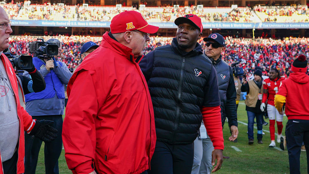 Dec 21, 2024; Kansas City, Missouri, USA; Kansas City Chiefs head coach Andy Reid talks with Houston Texans head coach DeMeco Ryans after the win over the Houston Texans at GEHA Field at Arrowhead Stadium. Mandatory Credit: Denny Medley-Imagn Images