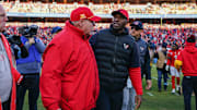 Dec 21, 2024; Kansas City, Missouri, USA; Kansas City Chiefs head coach Andy Reid talks with Houston Texans head coach DeMeco Ryans after the win over the Houston Texans at GEHA Field at Arrowhead Stadium. Mandatory Credit: Denny Medley-Imagn Images