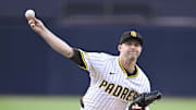 Sep 27, 2025; San Diego, California, USA; San Diego Padres starting pitcher Michael King (34) delivers during the first inning against the Arizona Diamondbacks at Petco Park. Mandatory Credit: Denis Poroy-Imagn Images