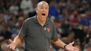 Apr 7, 2025; San Antonio, TX, USA;  Houston Cougars head coach Kelvin Sampson reacts against the Florida Gators in the first half in the national championship game of the Final Four of the 2025 NCAA Tournament at the Alamodome. Mandatory Credit: Robert Deutsch-Imagn Images