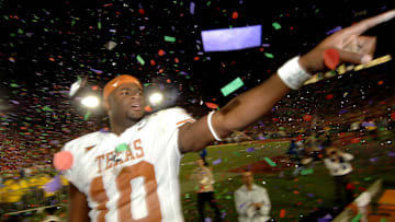 Jan 4, 2006; Pasadena, CA, USA; Texas Longhorns quarterback (10) Vince Young celebrates.
