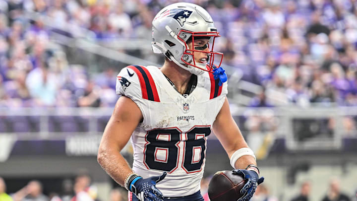 Aug 16, 2025; Minneapolis, Minnesota, USA; New England Patriots wide receiver Efton Chism III (86) reacts after a touchdown against the Minnesota Vikings during the second quarter at U.S. Bank Stadium. Mandatory Credit: Jeffrey Becker-Imagn Images