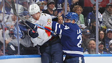 Toronto Maple Leafs center Scott Laughton delivered a thundering hit on Evan Rodrigues in Game 2 against the Panthers.