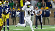Sep 13, 2025; South Bend, Indiana, USA; Texas A&M Aggies wide receiver Mario Craver (1) runs the ball during the second half against the Notre Dame Fighting Irish at Notre Dame Stadium. Mandatory Credit: Michael Caterina-Imagn Images