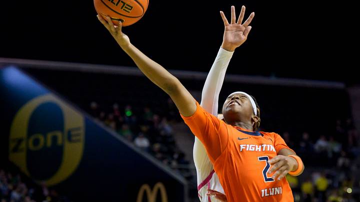 Illinois guard Destiny Jackson goes up for a shot as the Oregon Ducks host the Illinois Fighting Illini on Feb. 4, 2026, at Matthew Knight Arena in Eugene, Oregon.