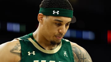 Mar 16, 2025; Fort Worth, TX, USA;  UAB Blazers forward Yaxel Lendeborg (3) reacts against the Memphis Tigers during the second half at Dickies Arena. Mandatory Credit: Chris Jones-Imagn Images