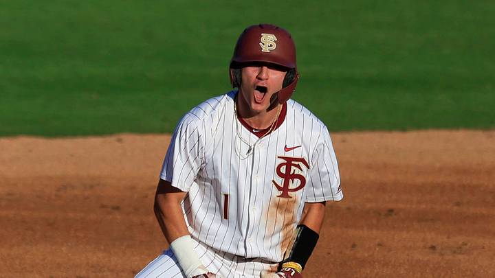 Florida St. infielder Alex Lodise (1) reacts to his double at second base during the first inning of an NCAA college baseball matchup Tuesday, March 25, 2025 at VyStar Ballpark in Jacksonville, Fla. FSU rallied to defeat UF 8-4 off a walk-off grand slam from Alex Lodise in the ninth inning. [Corey Perrine/Florida Times-Union]