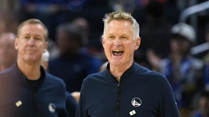 Dec 25, 2025; San Francisco, California, USA; Golden State Warriors head coach Steve Kerr reacts during the fourth quarter against the Dallas Mavericks at Chase Center. Mandatory Credit: Darren Yamashita-Imagn Images