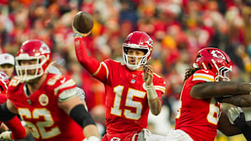 Nov 29, 2024; Kansas City, Missouri, USA; Kansas City Chiefs quarterback Patrick Mahomes (15) throws a pass during the second half against the Las Vegas Raiders at GEHA Field at Arrowhead Stadium. Mandatory Credit: Jay Biggerstaff-Imagn Images