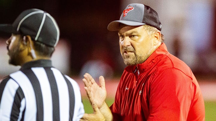 Bradford Tornadoes head coach Jamie Rodgers has words with an official in the first half. The Bradford Tornadoes hosted the Mandarin Mustangs at David Hurse Stadium at Bradford High School in Starke, FL on Friday, September 13, 2024. The Mustangs lead 13-6 at the beginning of the fourth quarter.[Doug Engle/Ocala Star Banner]