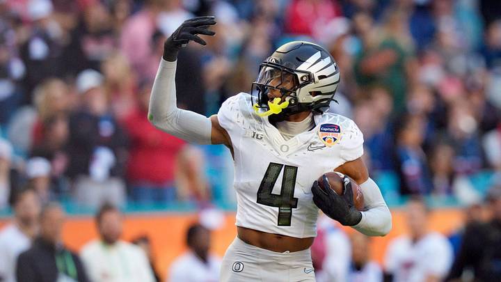 Oregon defensive back Brandon Finney Jr. celebrates an interception as the Oregon Ducks take on the Texas Tech Red Raiders in the Orange Bowl on Jan. 1, 2026, at Hard Rock Stadium in Miami, Florida.