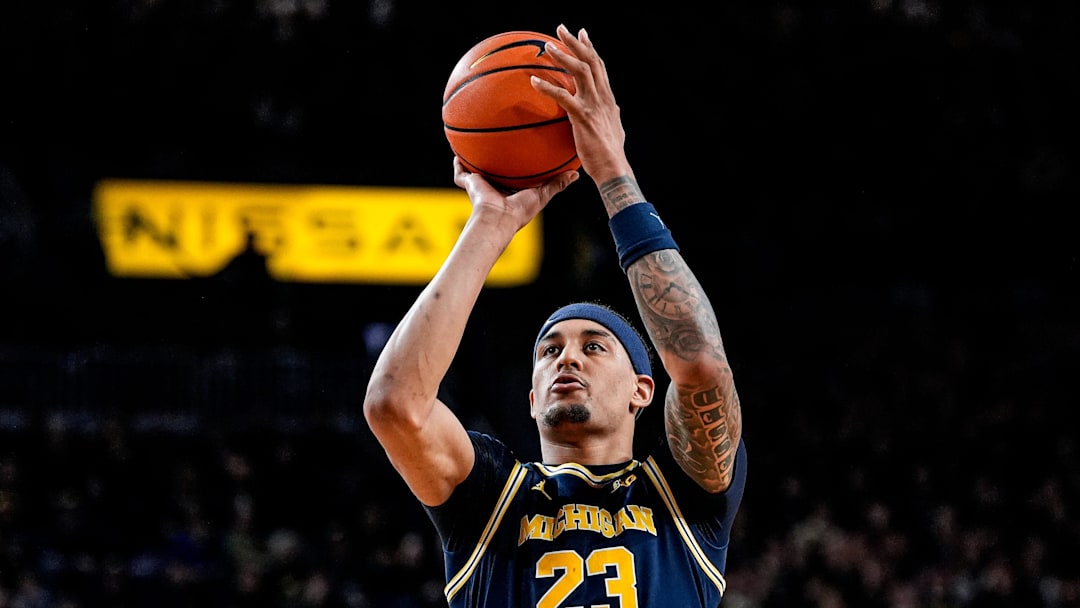 Michigan forward Yaxel Lendeborg (23) attempts a free throw against Wisconsin during the second half at Crisler Center in Ann Arbor on Saturday, Jan. 10, 2026.