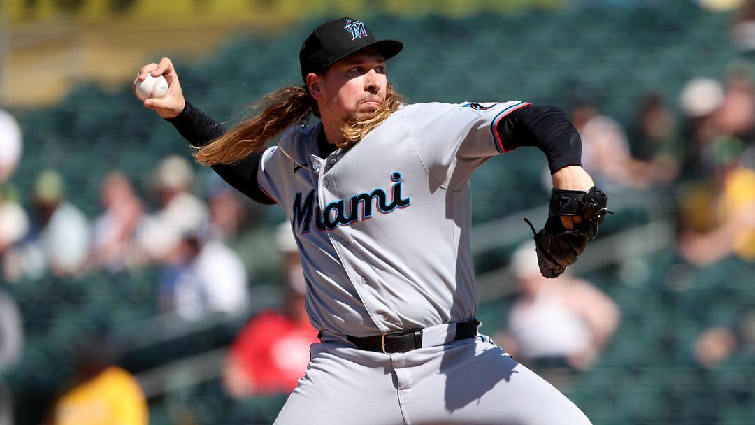Jul 5, 2026; West Sacramento, California, USA; Miami Marlins pitcher Lake Bachar (84) throws a pitch against the Athletics during the eighth inning at Sutter Health Park. Mandatory Credit: Dennis Lee-Imagn Images