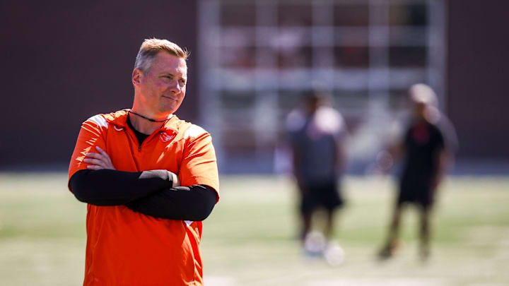 Oregon State head coach Trent Bray prepares the team for the upcoming football season during a practice on Wednesday, July 31, 2024 in Corvallis, Ore.