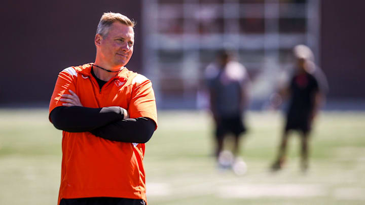 Oregon State head coach Trent Bray prepares the team for the upcoming football season during a practice on Wednesday, July 31, 2024 in Corvallis, Ore.