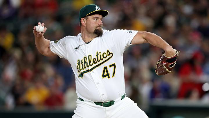 May 12, 2026; West Sacramento, California, USA; Athletics pitcher Joel Kuhnel (47) throws a pitch against the St. Louis Cardinals during the sixth inning at Sutter Health Park. Mandatory Credit: Dennis Lee-Imagn Images
