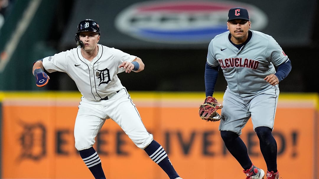 Detroit Tigers third base Jace Jung (17) watches a play next to Cleveland Guardians first base Josh Naylor (22) during the seventh inning at Game 4 of ALDS at Comerica Park in Detroit on Thursday, Oct. 10, 2024.