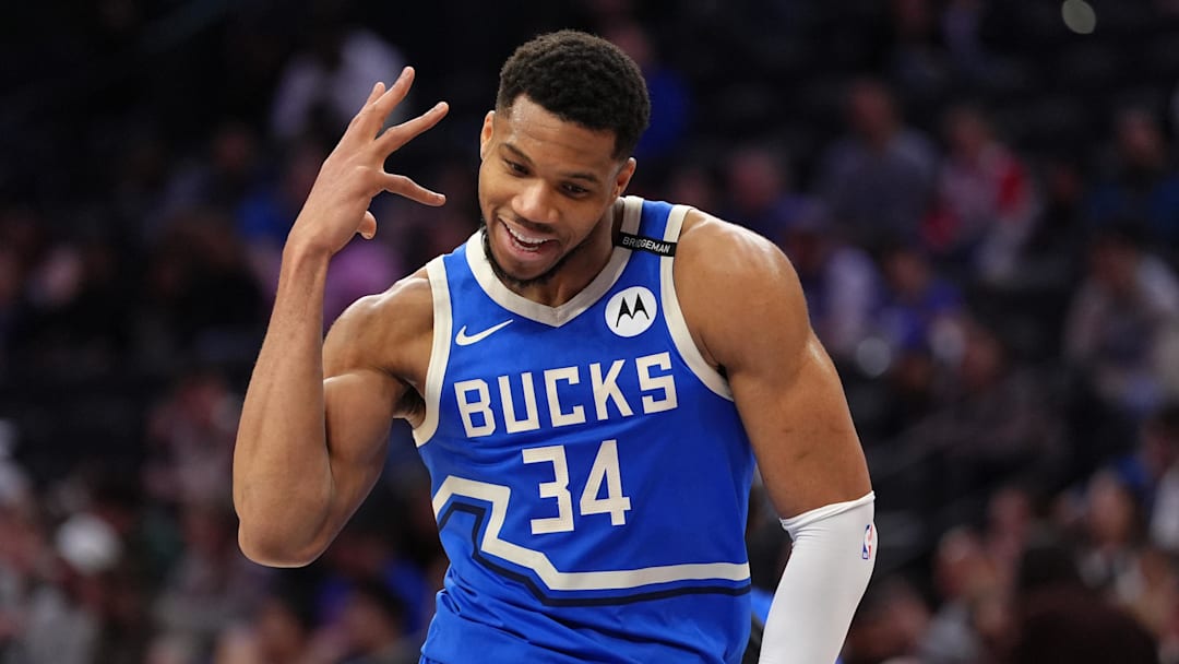 Apr 3, 2025; Philadelphia, Pennsylvania, USA; Milwaukee Bucks forward Giannis Antetokounmpo (34) reacts against the Philadelphia 76ers in the fourth quarter at Wells Fargo Center. Mandatory Credit: Kyle Ross-Imagn Images